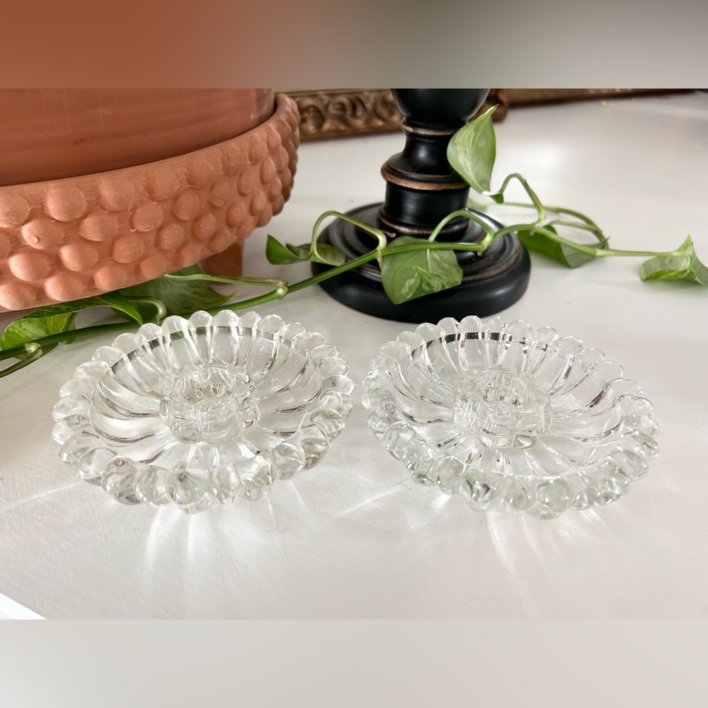 Vintage Clear Glass Flower Taper Candle Holders Crystal Cut